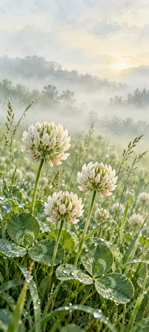 White clover flowers and green trifoliate leaves covered with dew in a misty meadow.