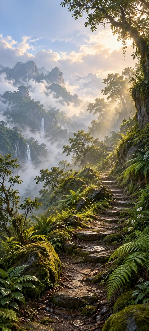 A fern-lined footpath climbs through misty cloud forest light.