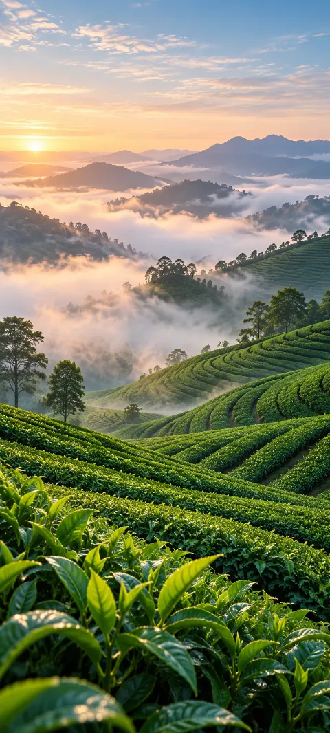 Fresh tea leaves curl along a misty hillside row.