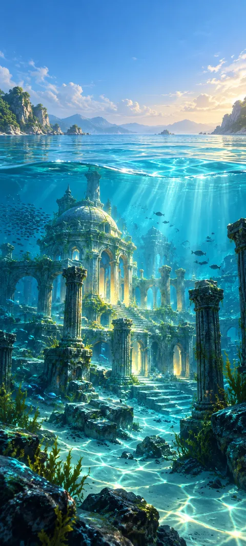 A half-sunken imagined temple glows beneath shallow blue water.