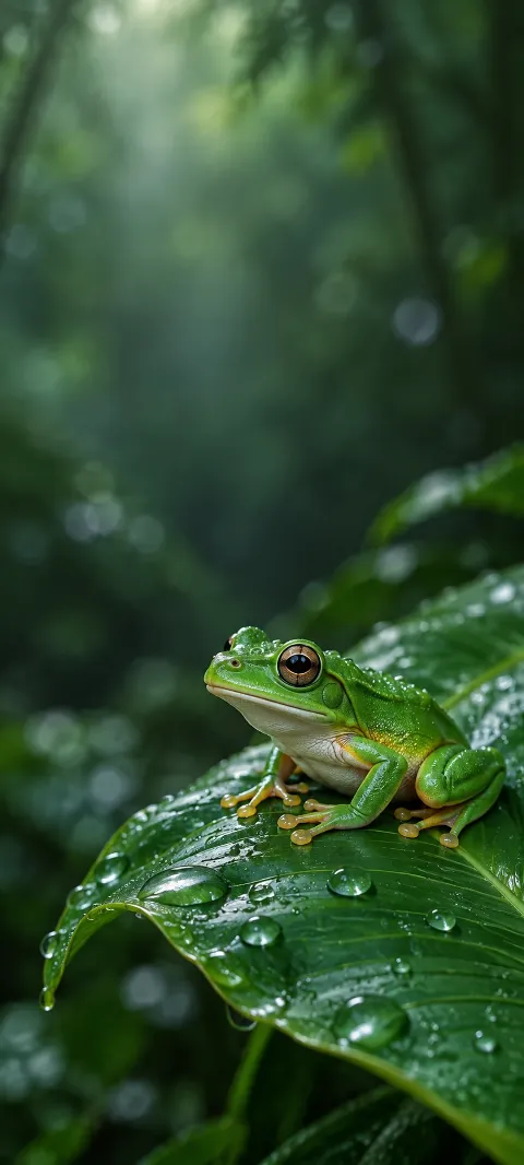An emerald-green tree frog with a bronze eye crouching on a rain-wet leaf.