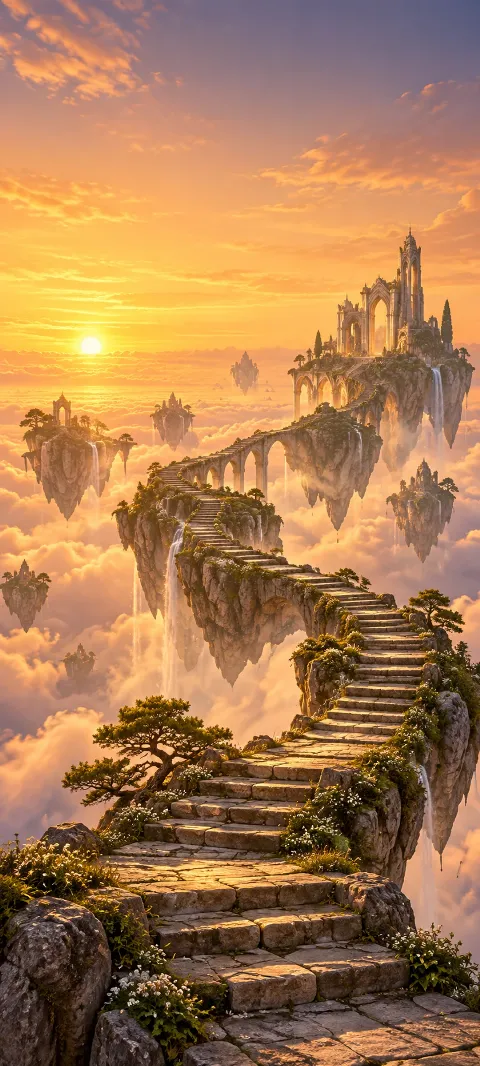 A stone stair climbs through an amber sky of islands.