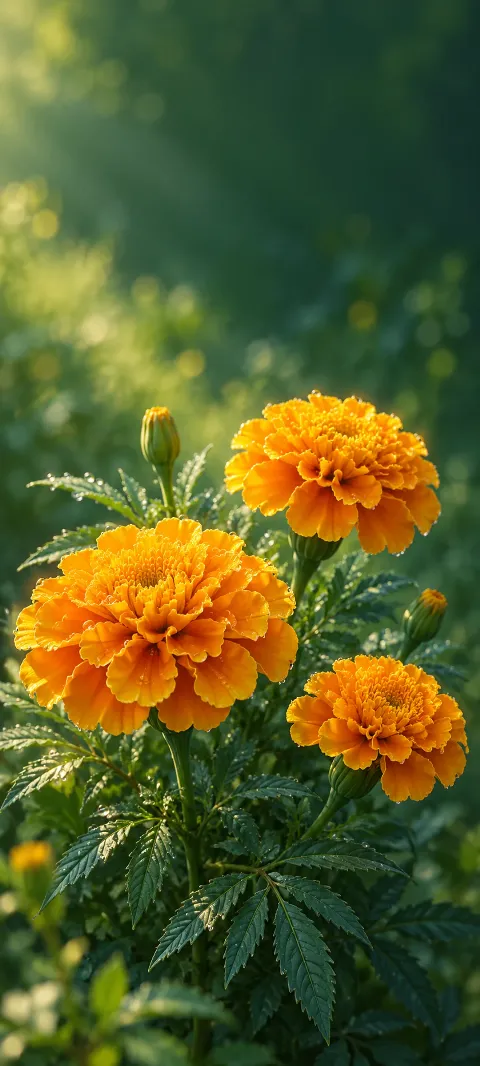 Three orange marigolds with dew on their petals and leaves against a green blurred garden.