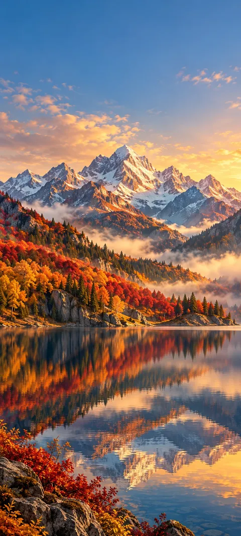 Red and gold slopes reflect in a mountain lake.