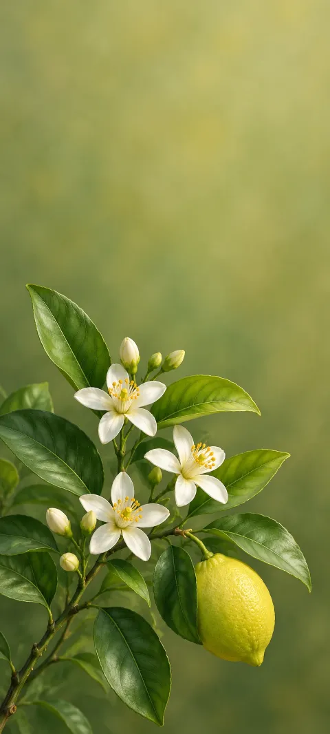 Three white lemon blossoms, closed buds and a yellow lemon among green leaves.