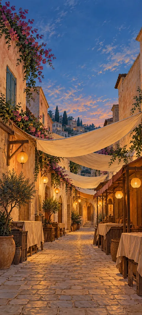 Stone lane between warm buildings and market stalls under cream cloth canopies.