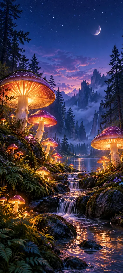 Glowing amber toadstools beside a stream beneath a crescent moon.