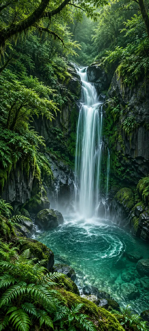 White waterfall in a mossy basalt gorge above an emerald pool and foreground ferns.