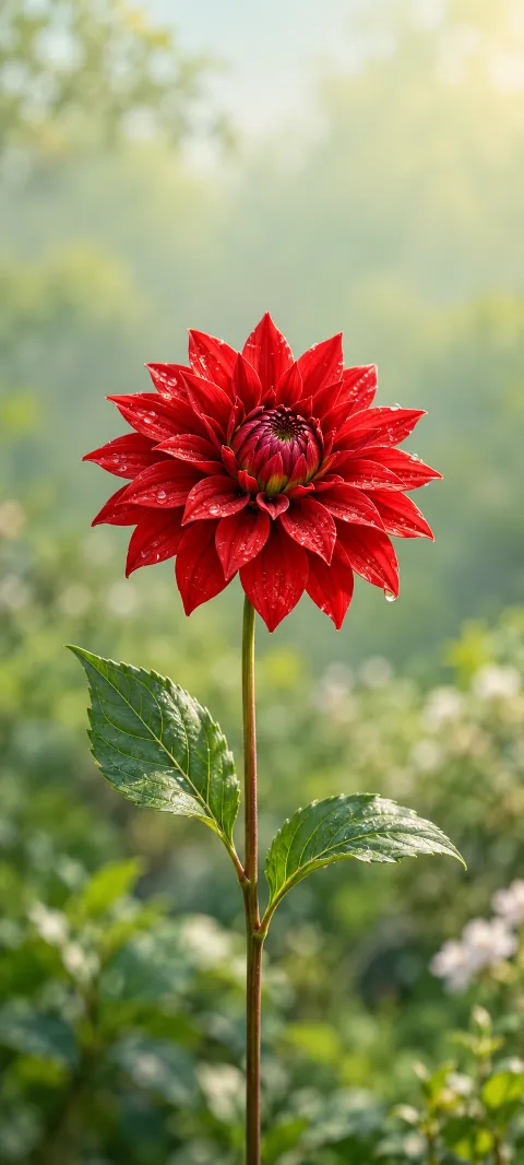 A whole scarlet dahlia with dew and two green leaves against soft sage.