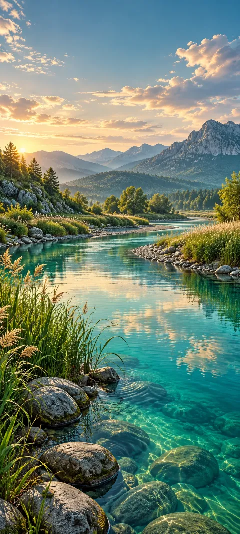A teal river bends through reeds and smooth stones.