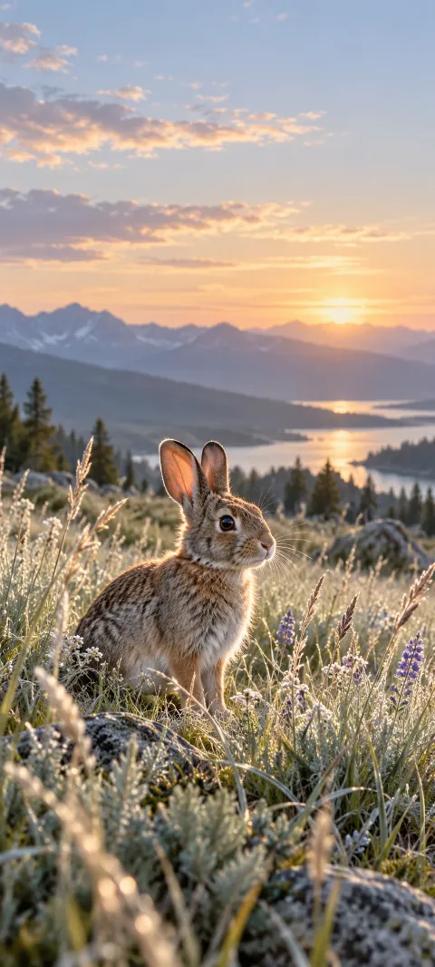 A wild rabbit pauses in silver meadow grass.