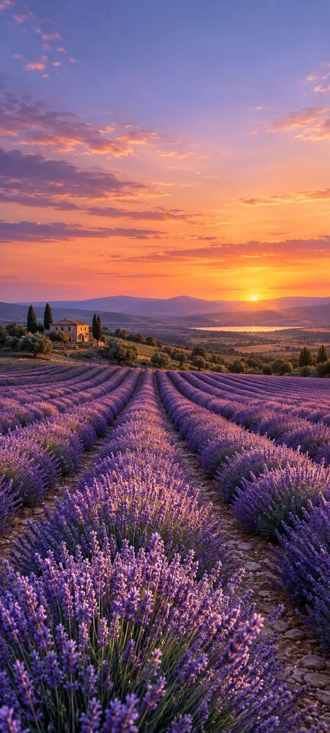 Lavender rows and a stone farmhouse above a lake at sunset.