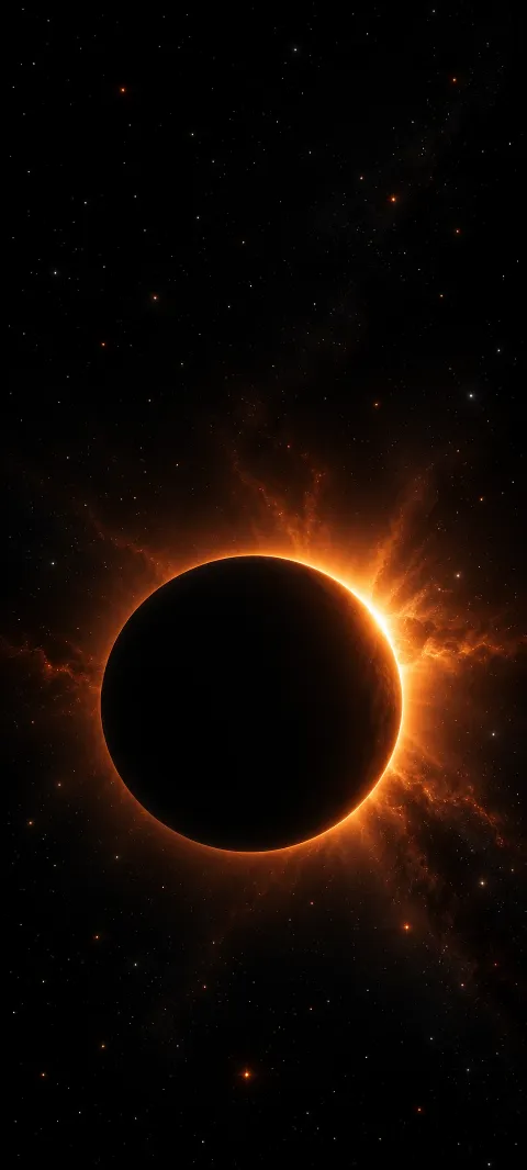 A dark planet encircled by copper orange light with a bright flare on its right edge against black space.