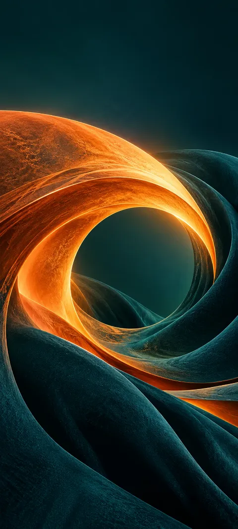 A glowing tangerine arc curving through deep teal textured folds.