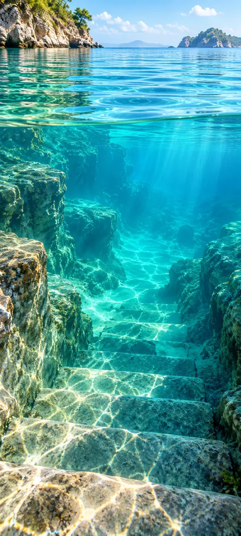 Clear lagoon water laps against pale stone steps.