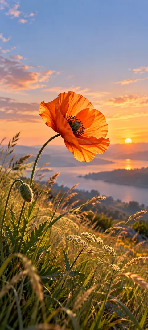 An orange poppy bends above grasses in a light breeze.