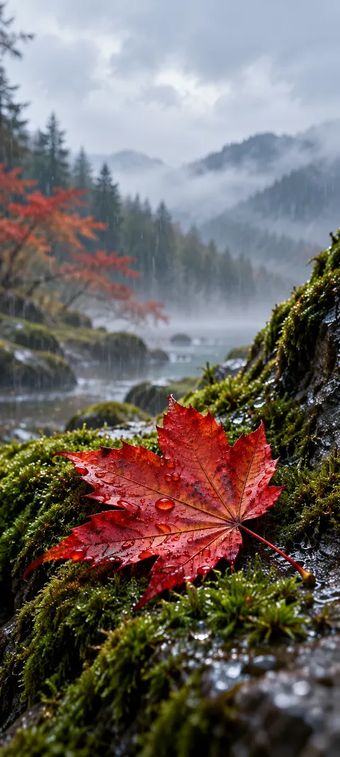 A red maple leaf rests over moss in soft rain.