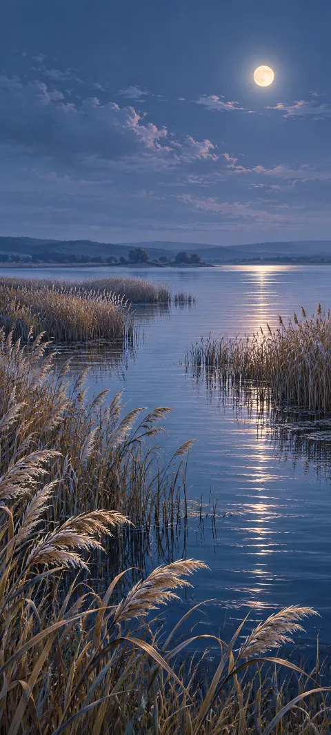 Tall tawny reeds around a blue lagoon with a full moon and its reflection.