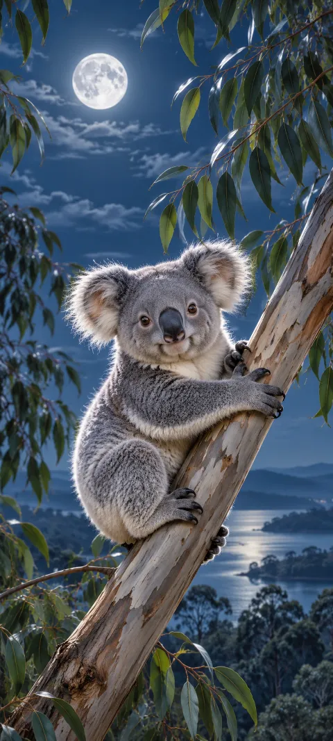 A whole gray koala gripping a eucalyptus branch under a full moon.