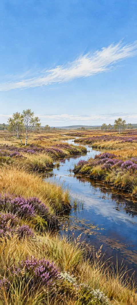 Winding stream between purple heather and golden sedge beneath a feathered cloud.
