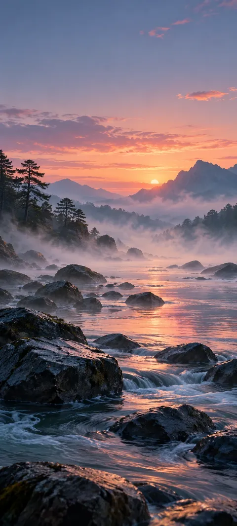 Mist hovers above a slow river with black stones.