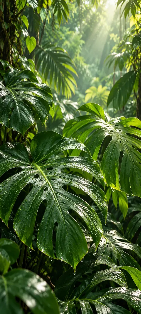 Monstera leaves overlap in rich filtered light.