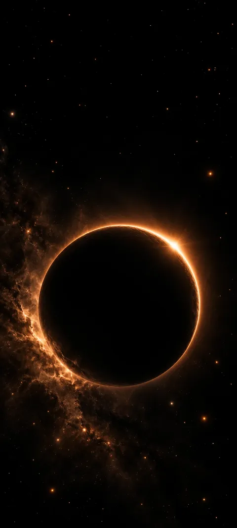A black eclipsed sphere is outlined in copper light amid warm dust and small stars.