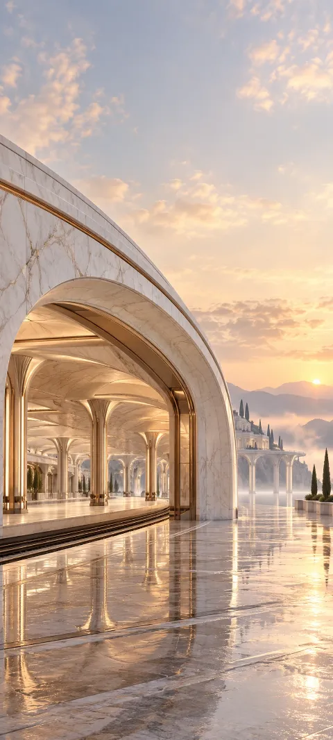 White marble station arches and columns reflected at golden dawn.
