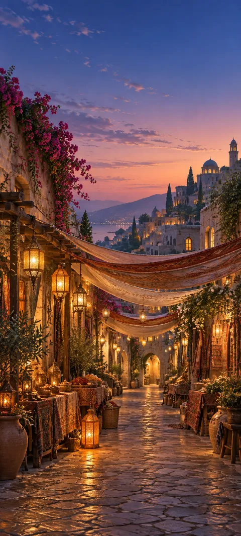 A quiet market canopy shelters a lane of warm lights.