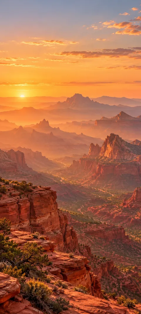 Layered red canyon peaks fade into warm dusty distance.