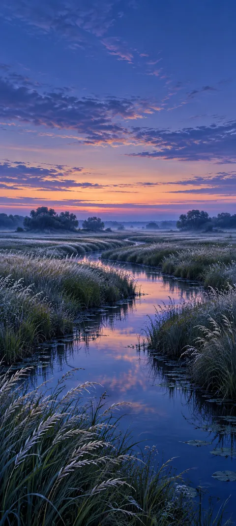 A reflective creek winding through silver grasses beneath a violet and peach dusk sky.