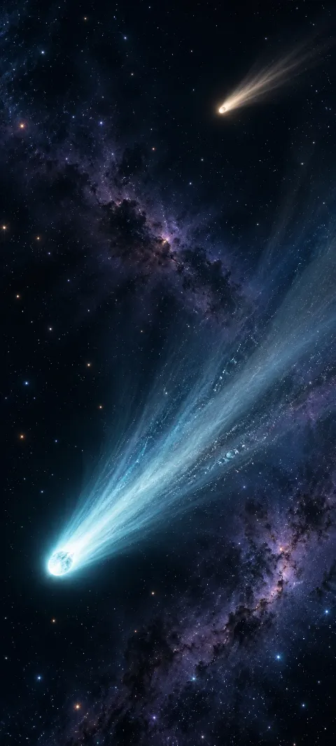 Large cyan comet low left and small cream comet high right in a lavender dust star field.
