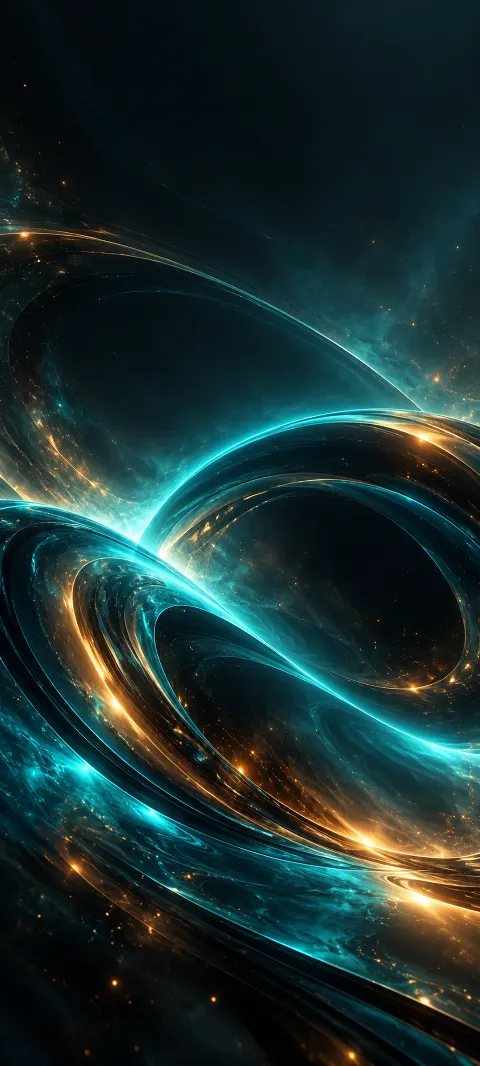 Teal arcs loop through charcoal space with amber reflections.