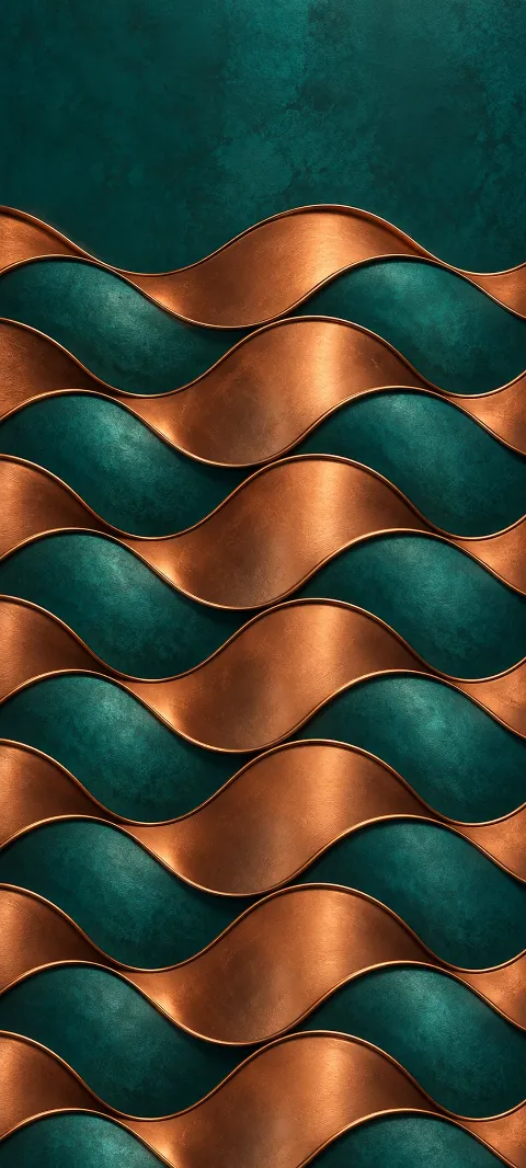 Repeating copper wave tiles interlock over deep teal.