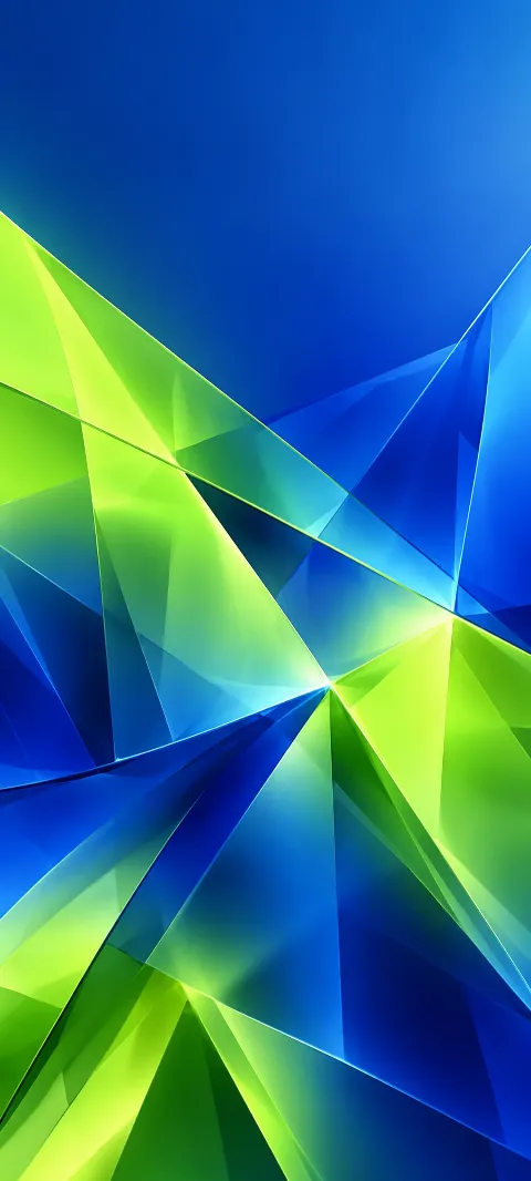 Lime and cobalt planes form a luminous faceted abstraction.