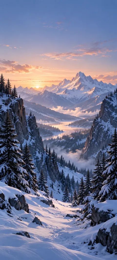 A snowy pass descends between dark pines and blue cliffs.