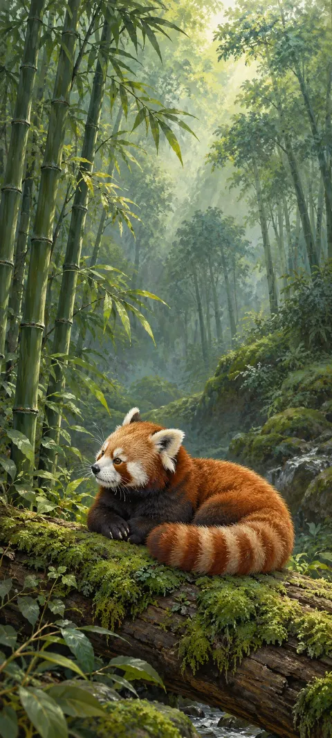 Resting red panda with a curled ringed tail on a mossy bamboo forest log.