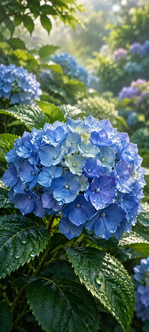 A blue hydrangea cluster fills the center.