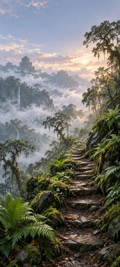 A fern-lined footpath climbs through misty cloud forest light.