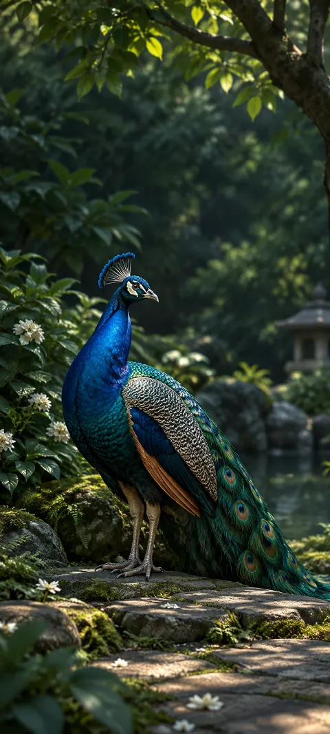 A peacock stands in deep garden shade.