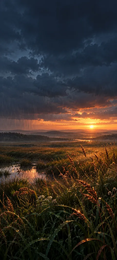 Rainy meadow with copper-lit grasses, reflective pools and an orange sunset beneath storm clouds.
