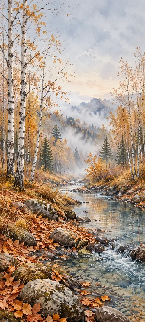 Clear rocky stream between amber birches with misty mountains beyond.