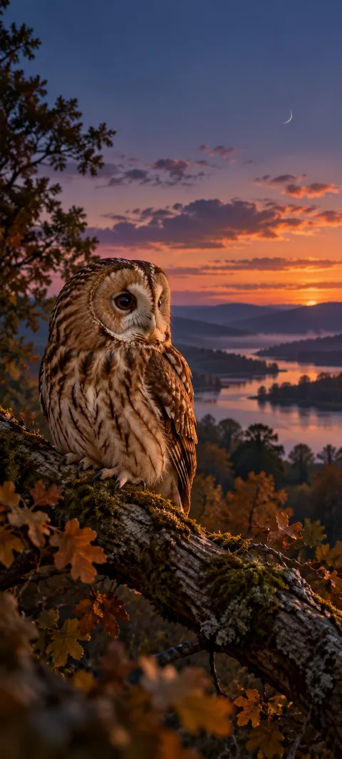 A tawny owl rests on a branch in dusk light.