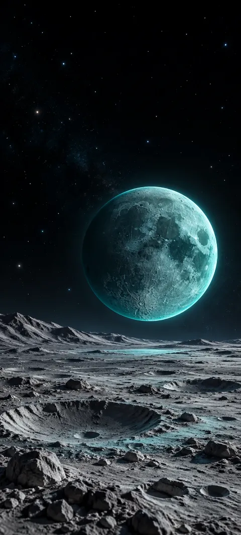 A teal cratered moon floats above a gray cratered plain in dark space.