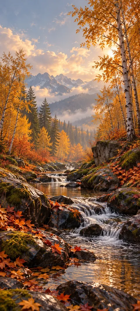 A narrow stream winds between amber birches and russet leaves.