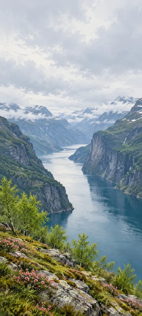 Birches and pink wildflowers above a silver-blue fjord between steep cliffs.