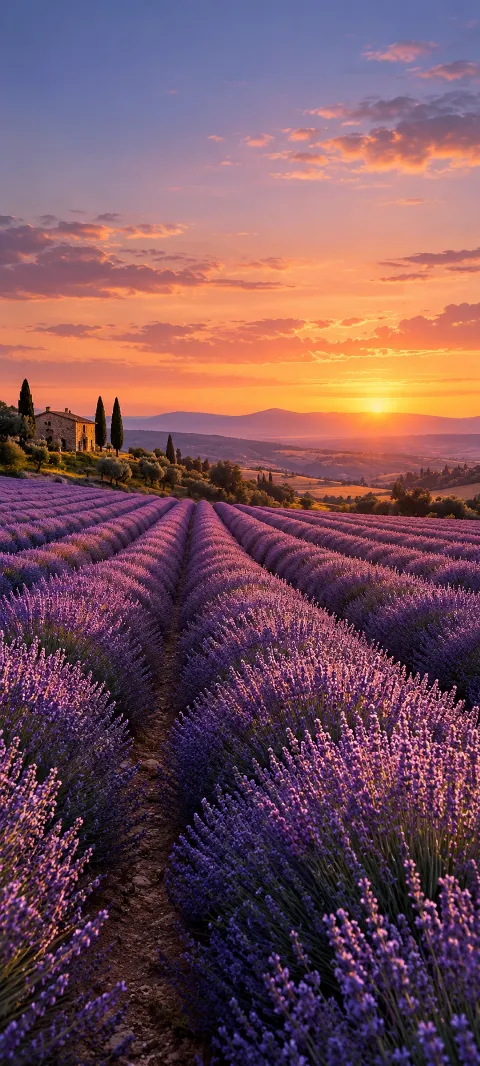 Lavender rows lead toward low hills beneath a wide evening sky.