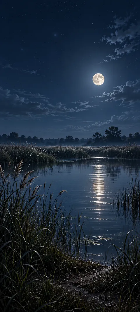 Moonlit blue lagoon ringed by tall reeds and dark distant trees.