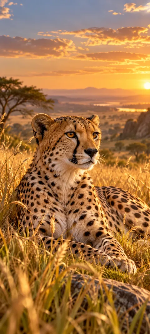 A cheetah rests among tall golden grasses.