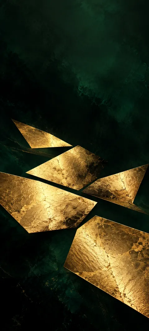 Abstract angular gold foil shapes on a dark green textured background.
